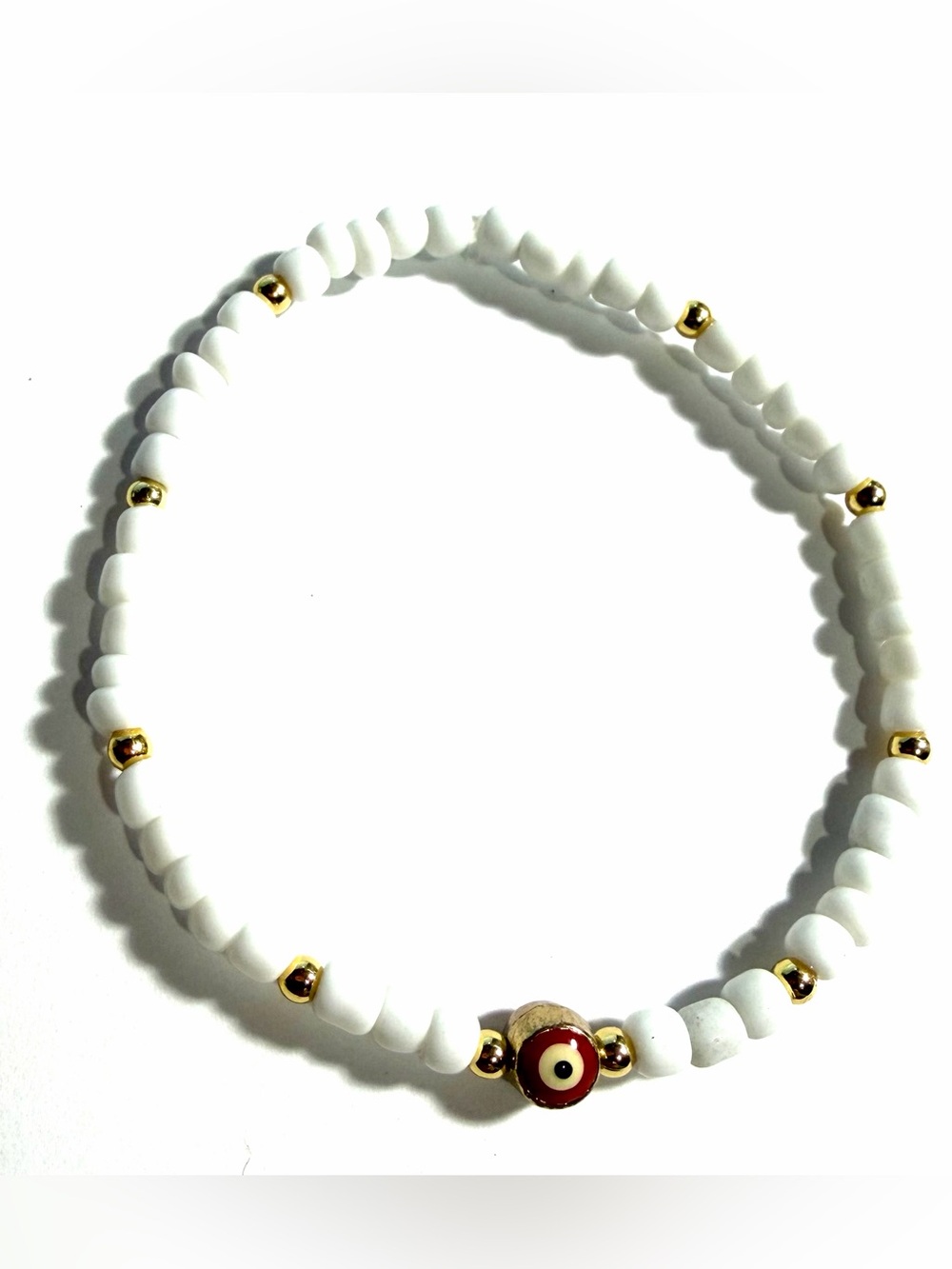 5 of Evil Eye Good Luck Charm White Seed Beaded Bracelets w Gold Eye